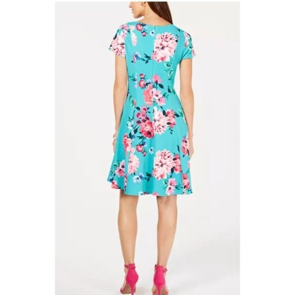 Jessica Howard Fit & Flare Floral Dress Size10P Turquoise Vibrant Casual Work - Picture 2 of 14